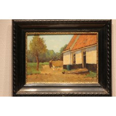 Schilderij Heykoop J. (20ᵉ eeuw) Olieverf op paneel in lijst   Boer met kippen bij hoeve
