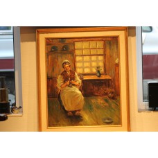 Schilderij Jansen  F  (20ᵉ eeuw) 4 juli 1916 olieverf op doek in lijst 
Breiende boerin in interieur