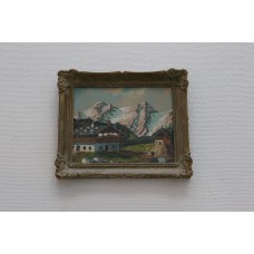 Schilderij Niet gesigneerd (20ᵉ eeuw)  Olieverf op paneel in ornamenten lijst
Chalet in de bergen