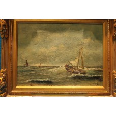 Schilderij Schaik P van (20ᵉ eeuw)  Olieverf op doek in vergulde, ornamente lijst
Vissersschip in branding