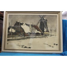 Bottema Tjeerd (20ᵉ eeuw) geb. 06 februari 1884 overleden in Langezwaag in 1978 Kleuren litho in lijst
Molen en boerderij in de sneeuw