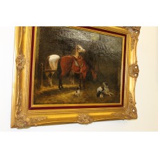 Schilderij (19ᵉ eeuw) Olieverf op doek in vergulde ornamentenlijst lijst
Rijpaarden in stal met hond en puppy's