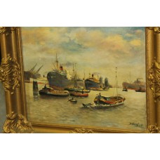 Schilderij Voogt J  (20ᵉ eeuw) 1941 Olieverf op doek in vergulde ornamenten lijst
Rotterdamse haven