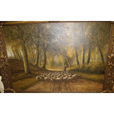 v d Burg 21 5 1805 (19ᵉ eeuw) Olieverf op doek op hout in vergulde ornamenten lijst Schapen met herder in bos