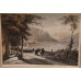 Lac Leman (19ᵉ eeuw) Ingekleurde ets achter glas in lijst Vue prise sur la terrasse de l'eglise de Montreux