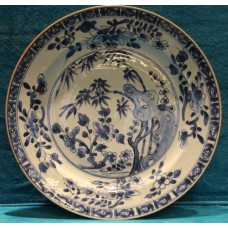 Chinese (19ᵉ century) Sierbord Rond met blauw boom- en bloemdecor